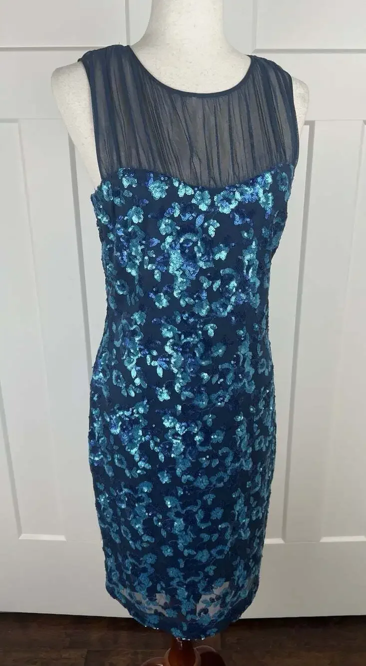 Belle Badgley Mischka Dress 8 Blue Sequin Mesh Sheath Cocktail NWT $219